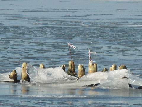 Ein Wintertag am Usedomer Achterwasser: Eisschollen werden an Buhnenpfählen aufgefaltet.