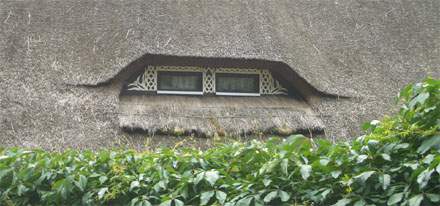 Bauernhaus mit Schilfdach und Fledermausgaube in Korswandt am Wolgastsee.