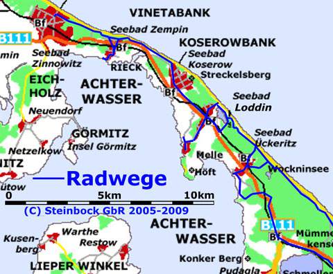 Radfahren auf Usedom: Bernsteinbad Ückeritz und Achterwasserhafen Stagnieß.