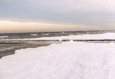 Eisflächen zwischen den Buhnen: die Ostsee friert zu.