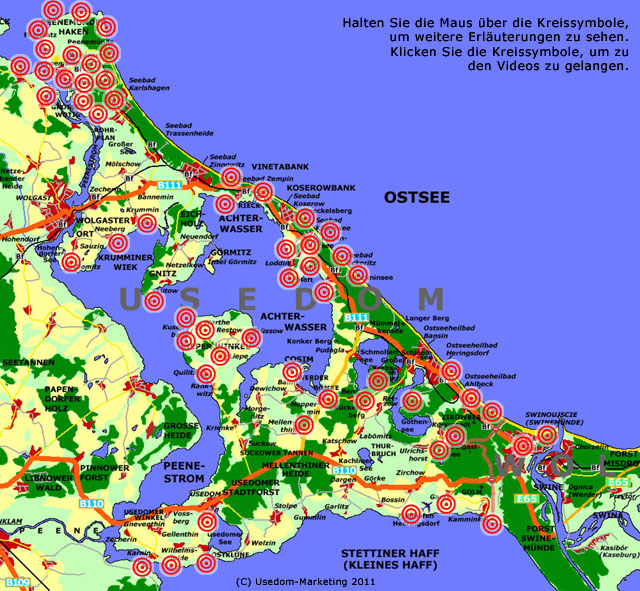 Usedom-Videos: Schnellauswahl auf der Landkarte der Insel Usedom.