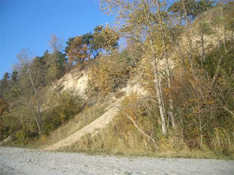 Steilküste am Kleinen Haff auf der Insel Usedom: Das kleine Fischerdorf Kamminke ist an diesem Steilufer gebaut.