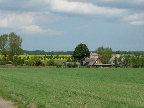 Hinter dem Hügel: Ein Gehöft schaut in Richtung des Stettiner Haffs.